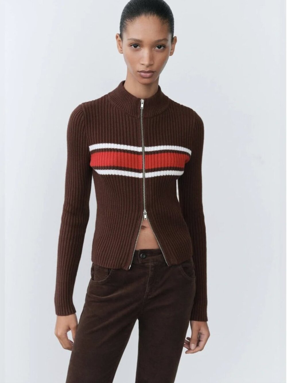 Mango Ribbed Cardigan With Contrasting Panel Full Zipper Mock Neck Size L NWT